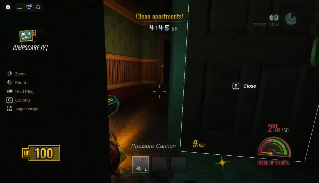 Player aiming at an open door with a close prompt in the apartment