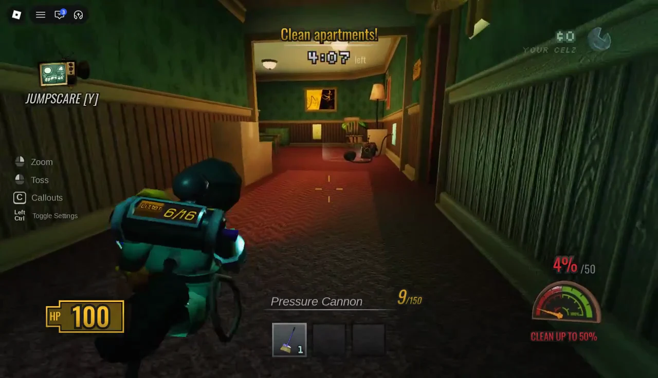 Player aiming at an open apartment door with a close prompt