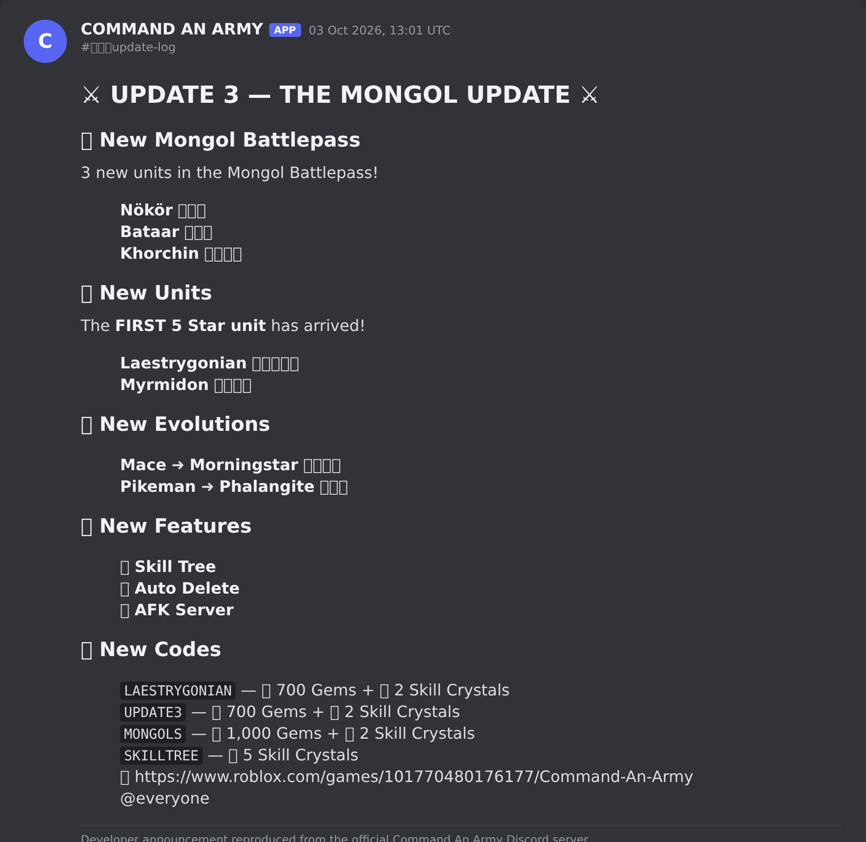 The Command An Army update post in the game's Discord server