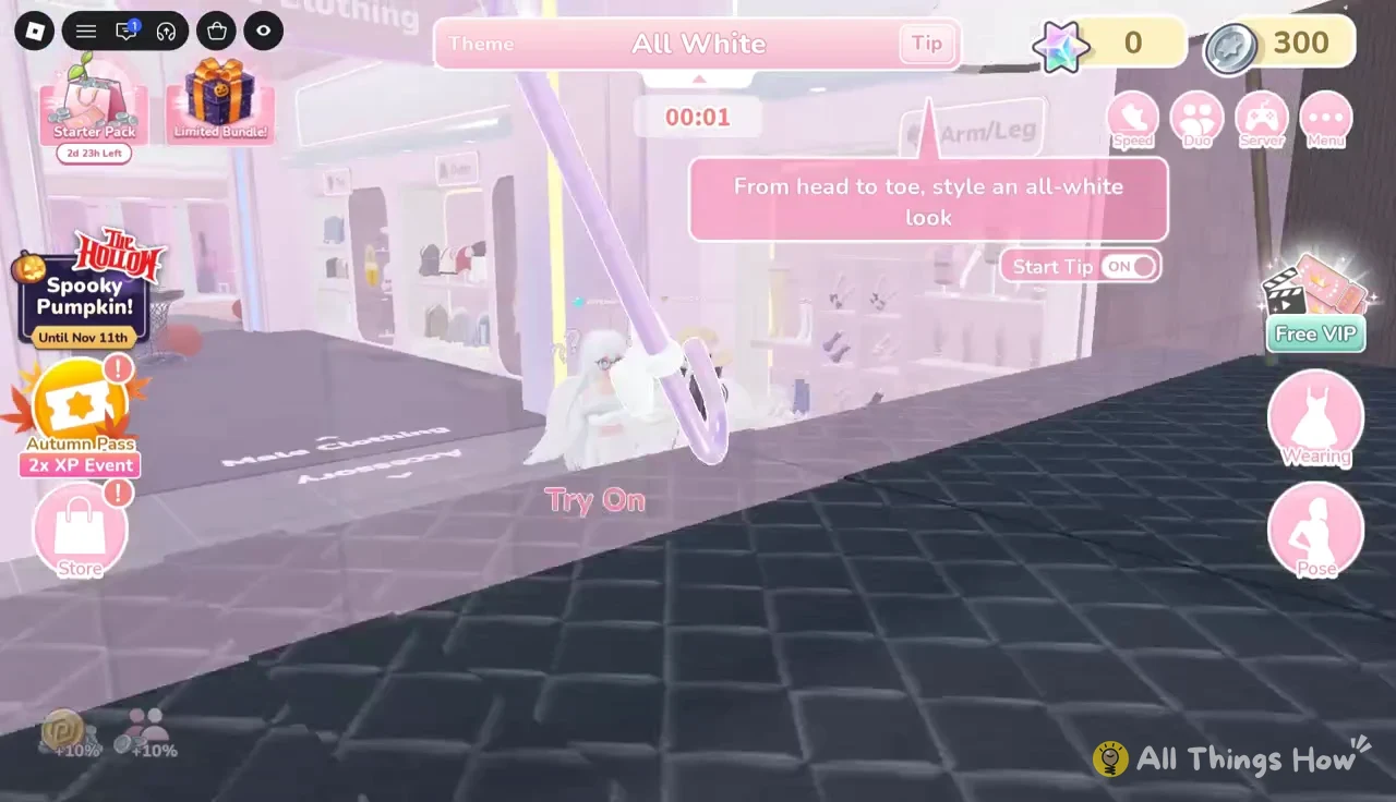 Clothing screen with the All White tip active and Try On available just before the runway begins