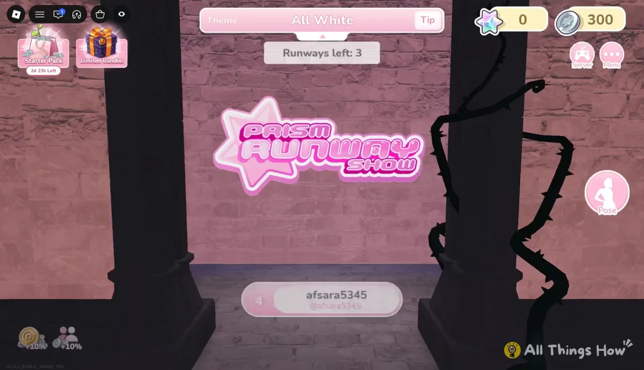 Prism Runway Show screen reading Runways left: 3 under the All White theme