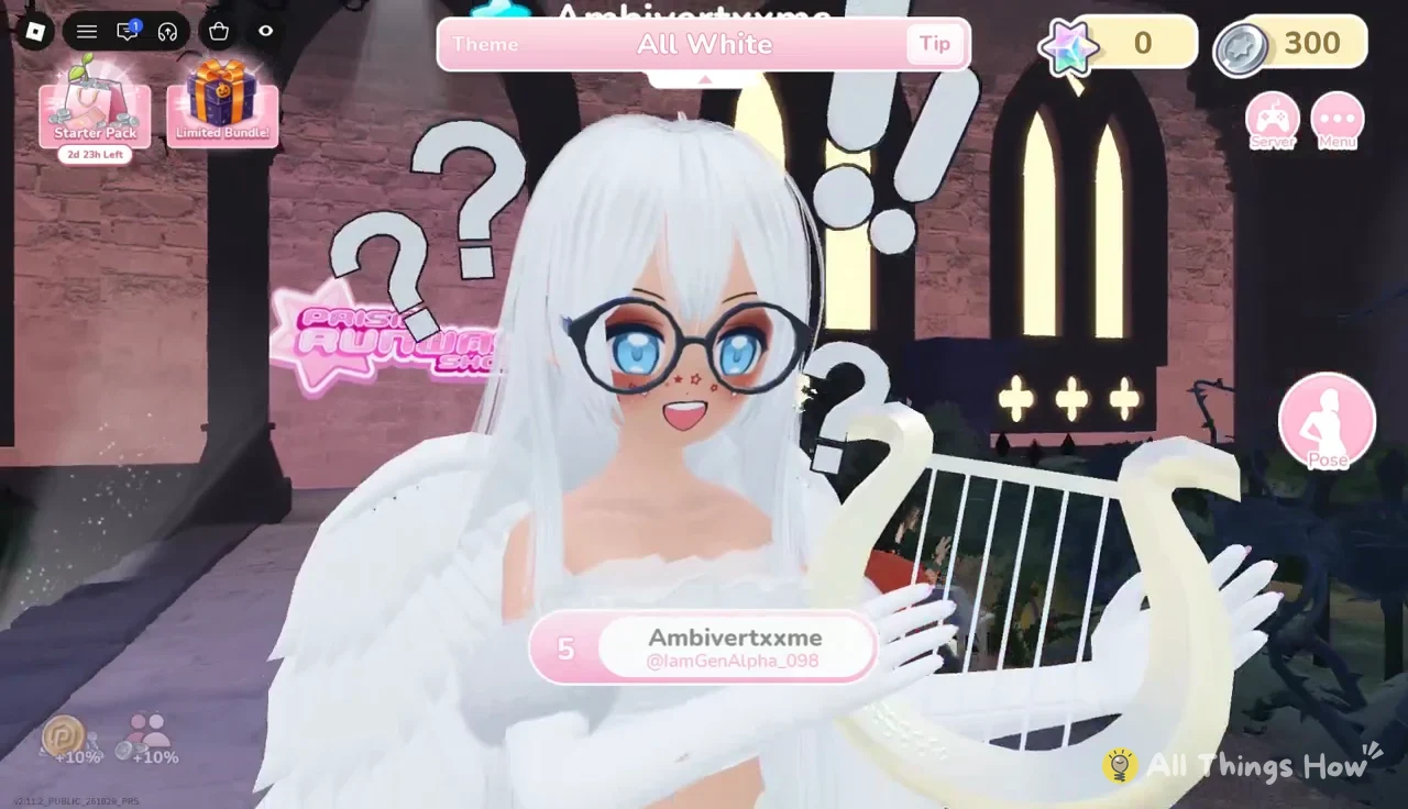 Avatar showing a white outfit on the runway under the All White theme banner