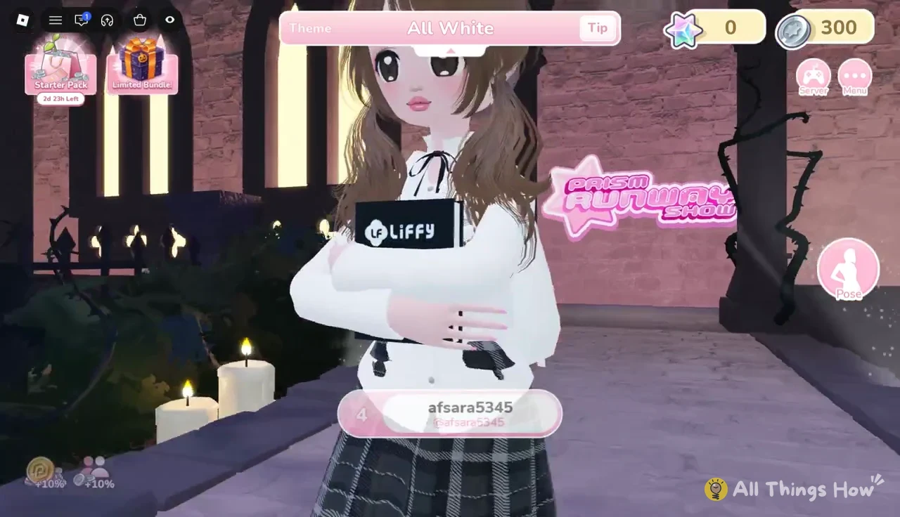 Contestant modeling on the All White runway with the Pose button visible on the right