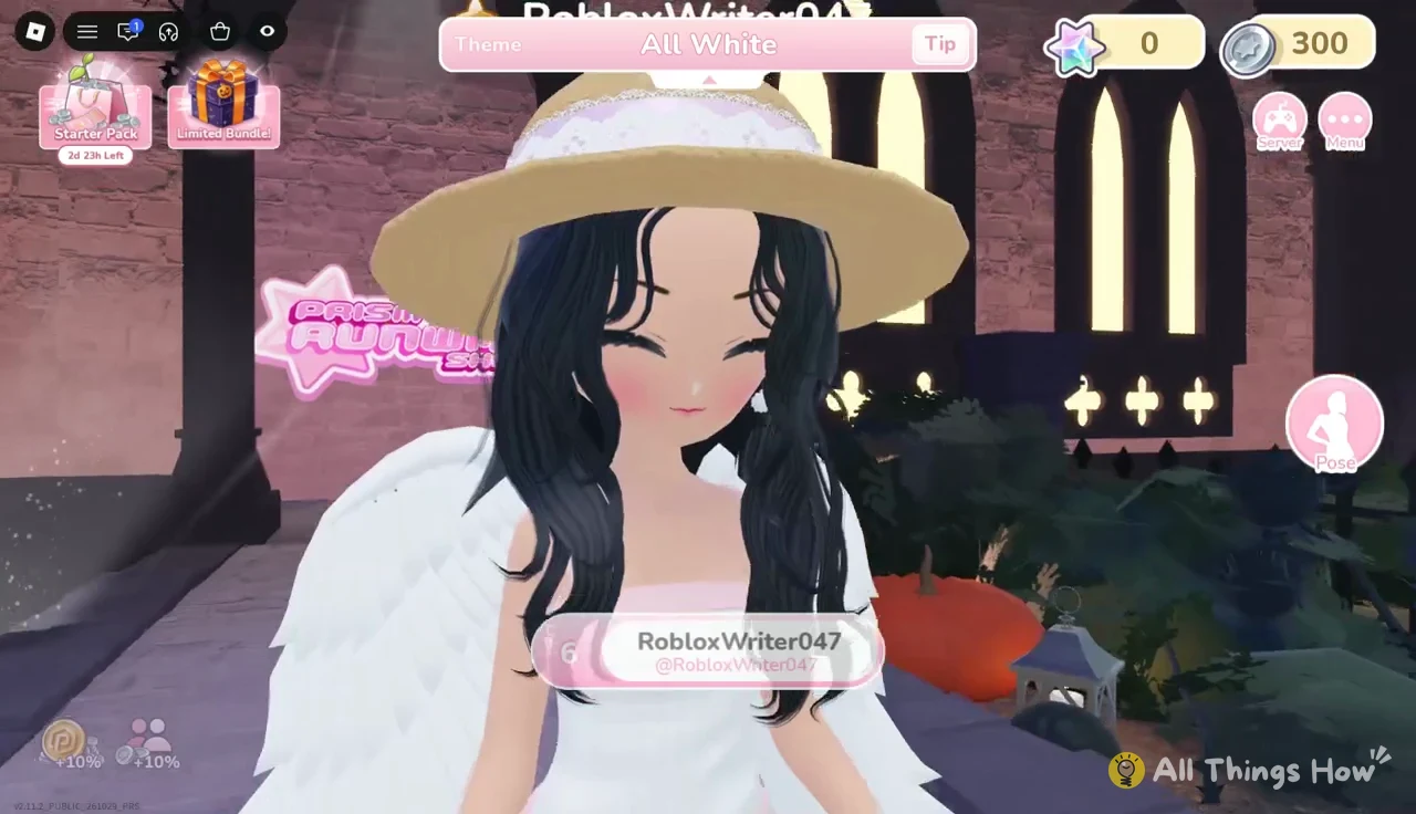 Avatar presenting a white outfit on the runway during their own turn