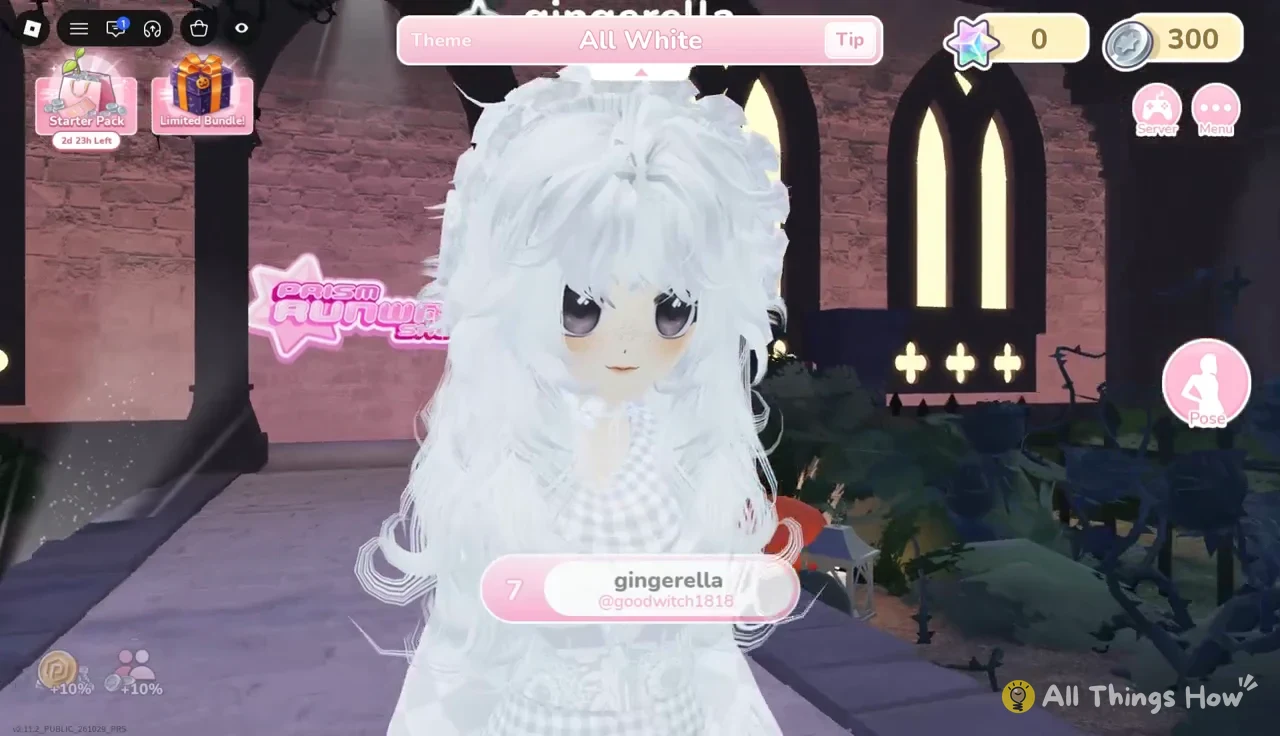 Final contestant gingerella walking the All White runway with the Pose button on the right