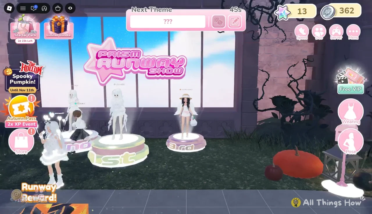 Prism Runway Show lobby showing Next Theme as ??? with a 45-second countdown