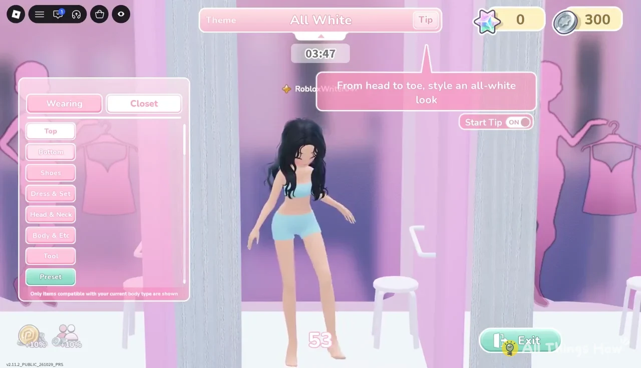 Wearing tab selected on the All White styling screen, listing equipped items