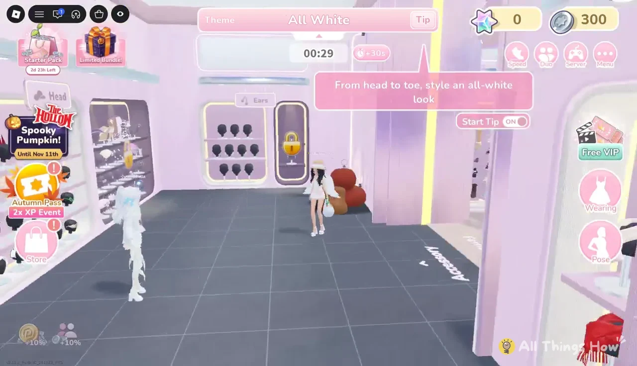 All White tutorial tip on screen while the avatar's shoes are recolored