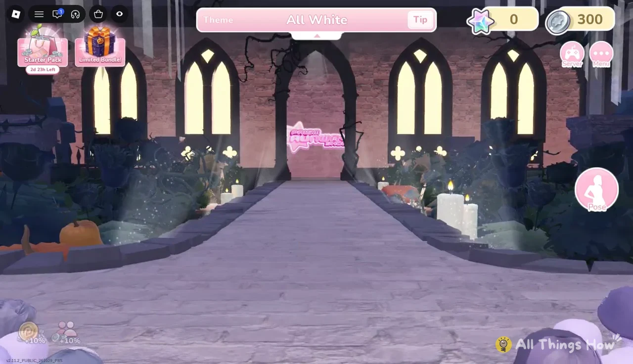 Runway stage with the All White theme banner displayed during the show
