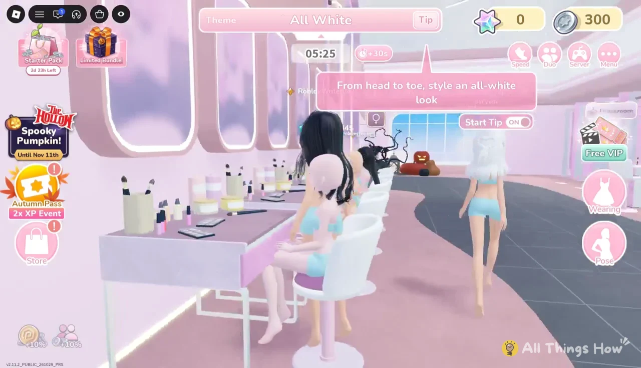 Avatar seated at the salon makeup station while the All White theme prompt stays on screen