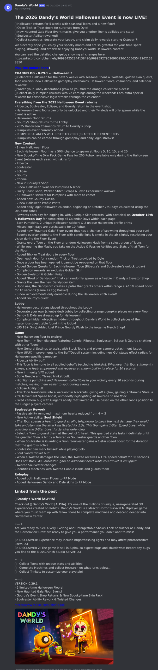 The Dandy's World update post in the game's Discord server