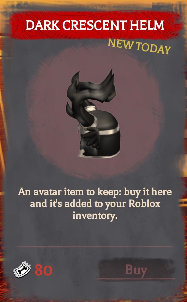 Dark Crescent Helm reported Night 6 price Dark Crescent Helm avatar item card showing its reported 80 Ticket price