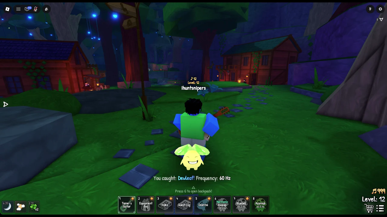 Catch banner reading You caught Dewleaf Frequency 60 Hz with a backpack prompt in Songkeeper's Grove