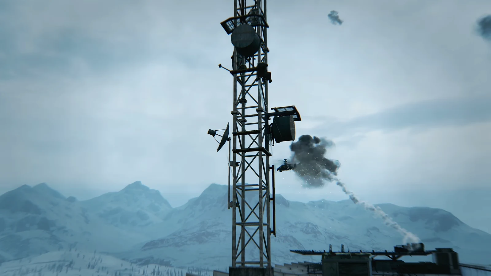 Smoking helicopter crashing next to a communications tower above a snowy mountain base