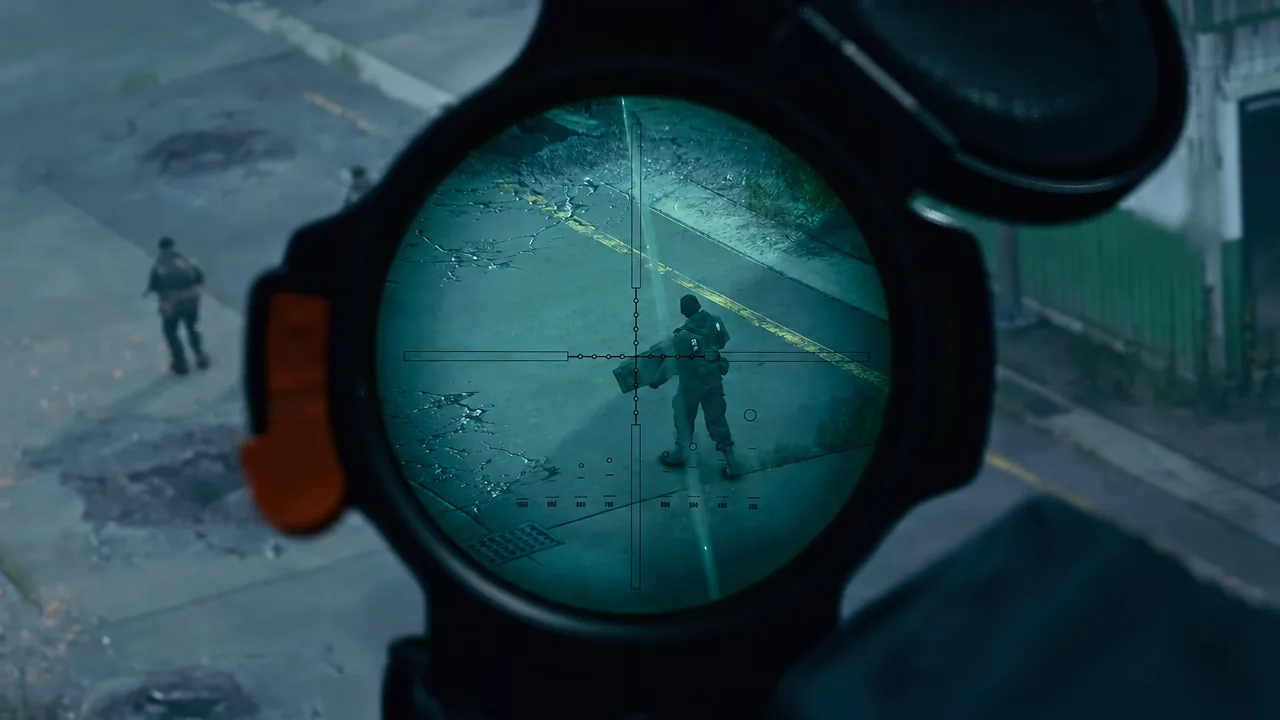 Sniper scope with the crosshair settled on an enemy guard before taking the shot