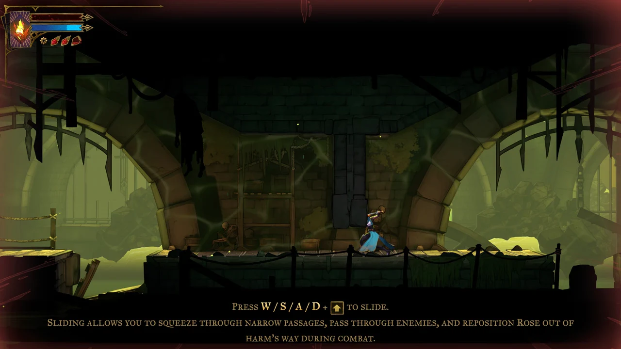 Rose slides low through a dungeon passage with the slide tutorial prompt on screen