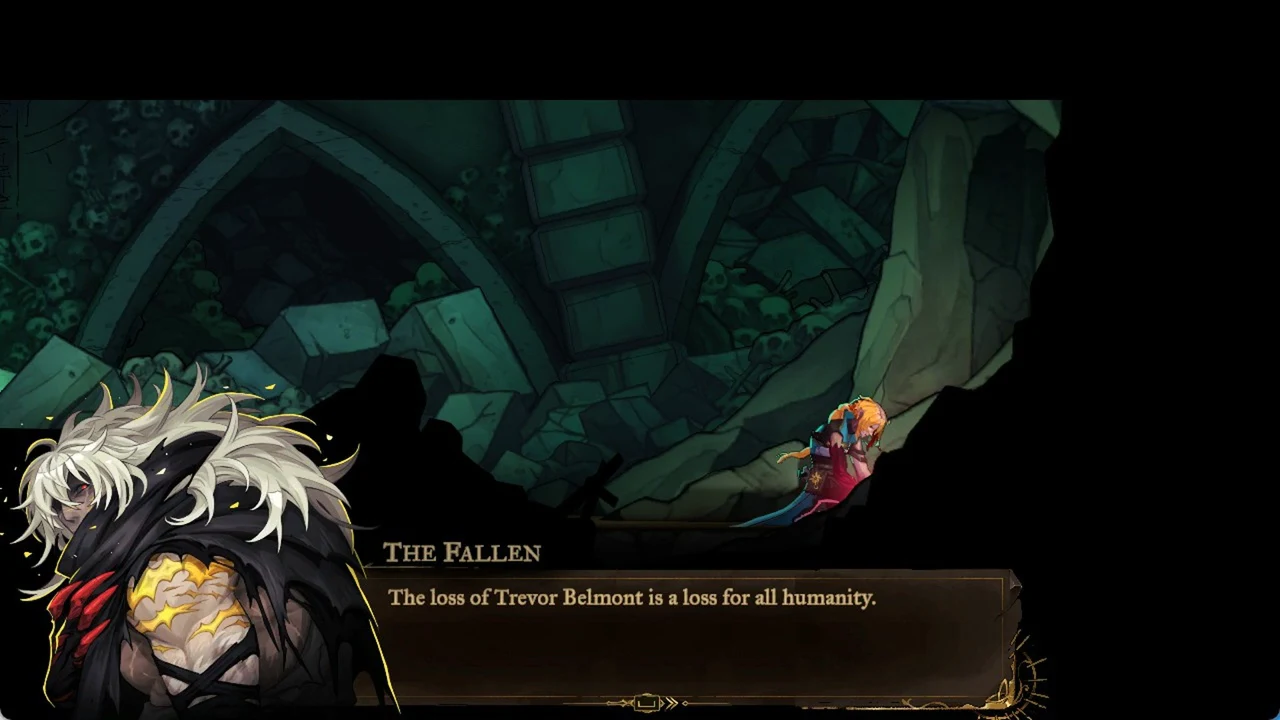 The Fallen's dialogue box mourning the loss of Trevor Belmont for all humanity