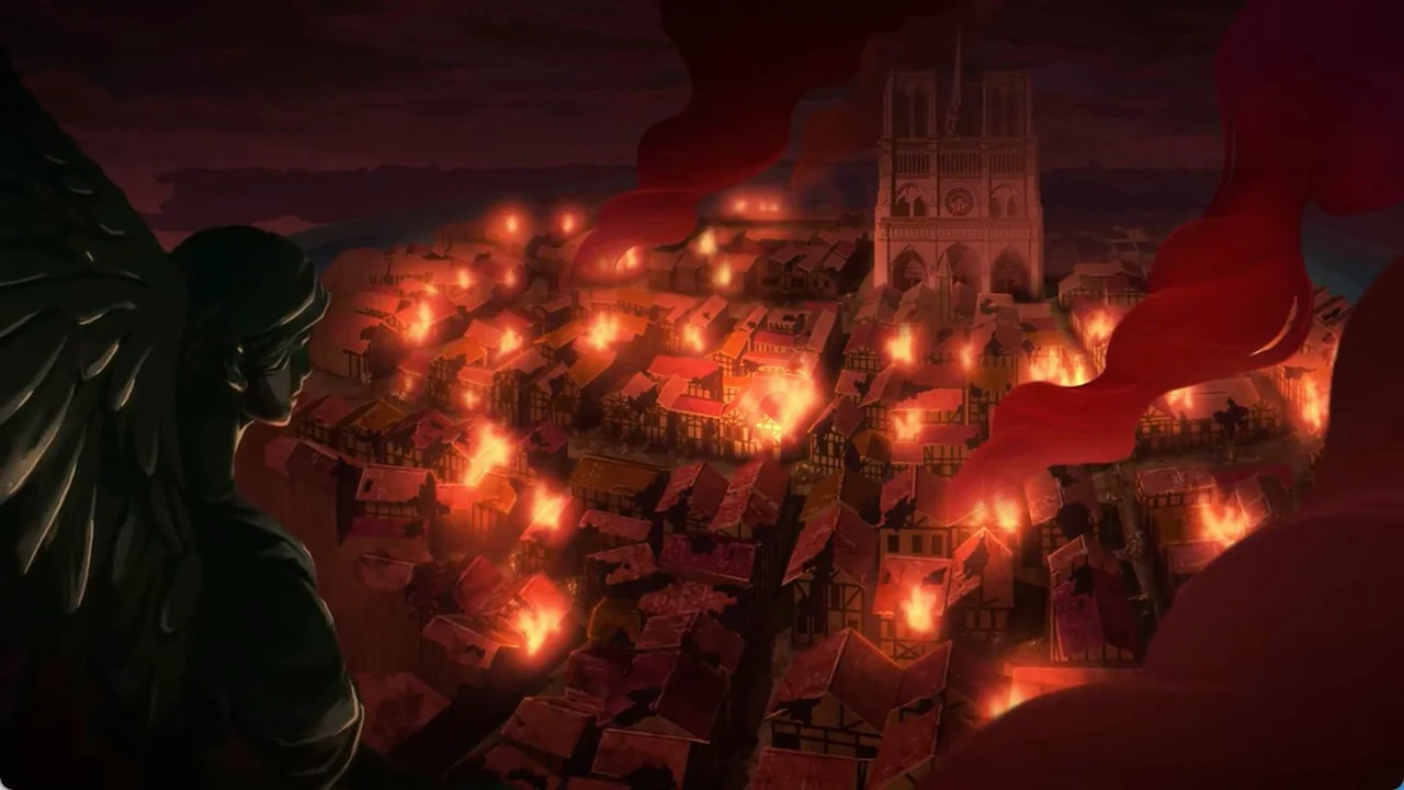 Paris burning under a dark sky beside an angel statue in the animated scene