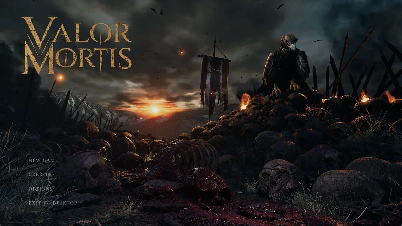 Valor Mortis main menu listing New Game, Credits, Options, and Exit to Desktop