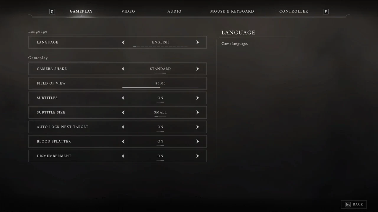 Gameplay settings tab with Language set to English and every gameplay toggle listed