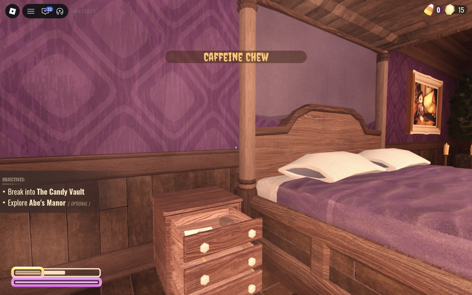 CAFFEINE CHEW banner with a new purple bar under the bottom-left bar in DOORS The Candy Vault