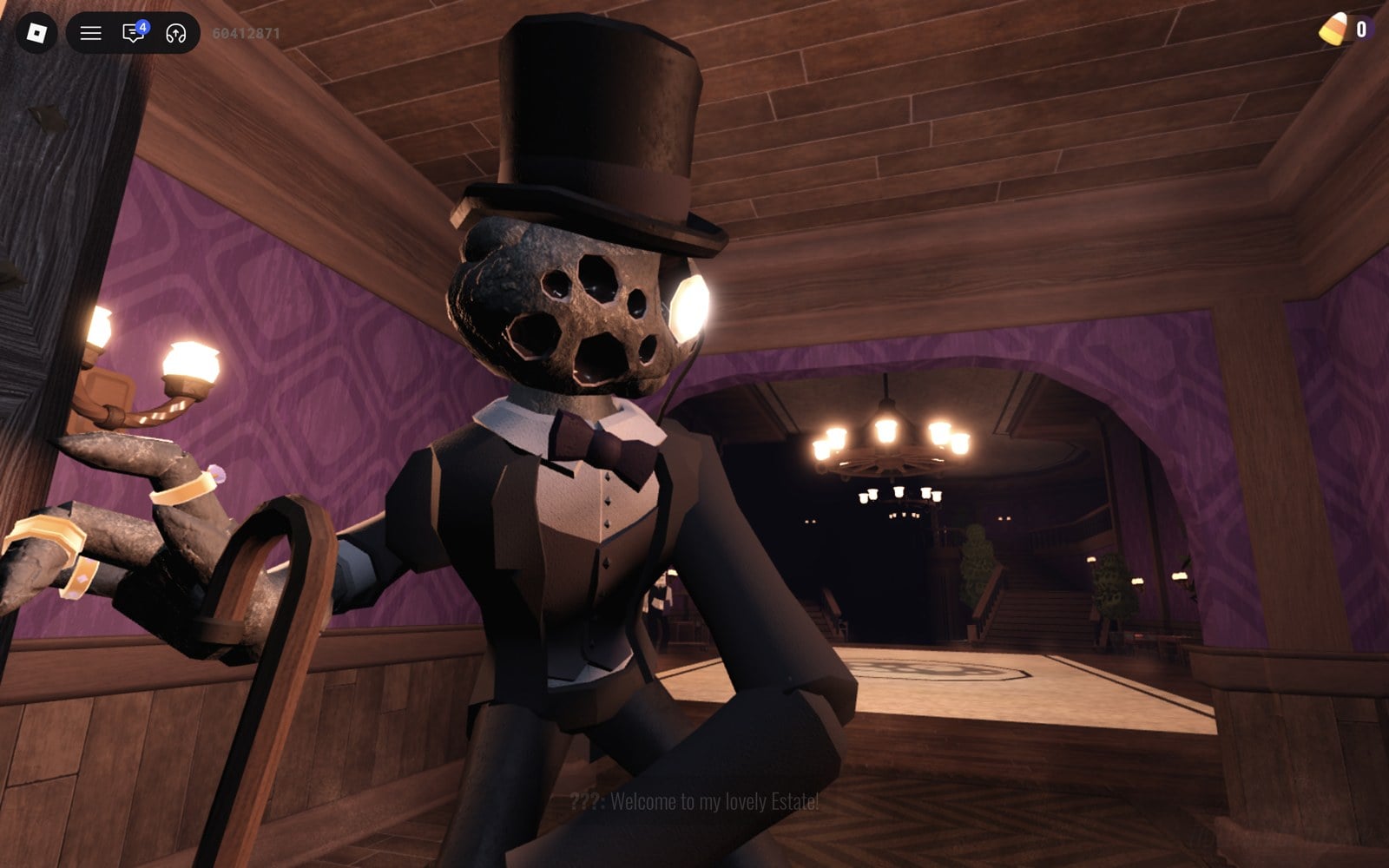 Abe in a top hat and suit with a cane greeting the player at the manor door