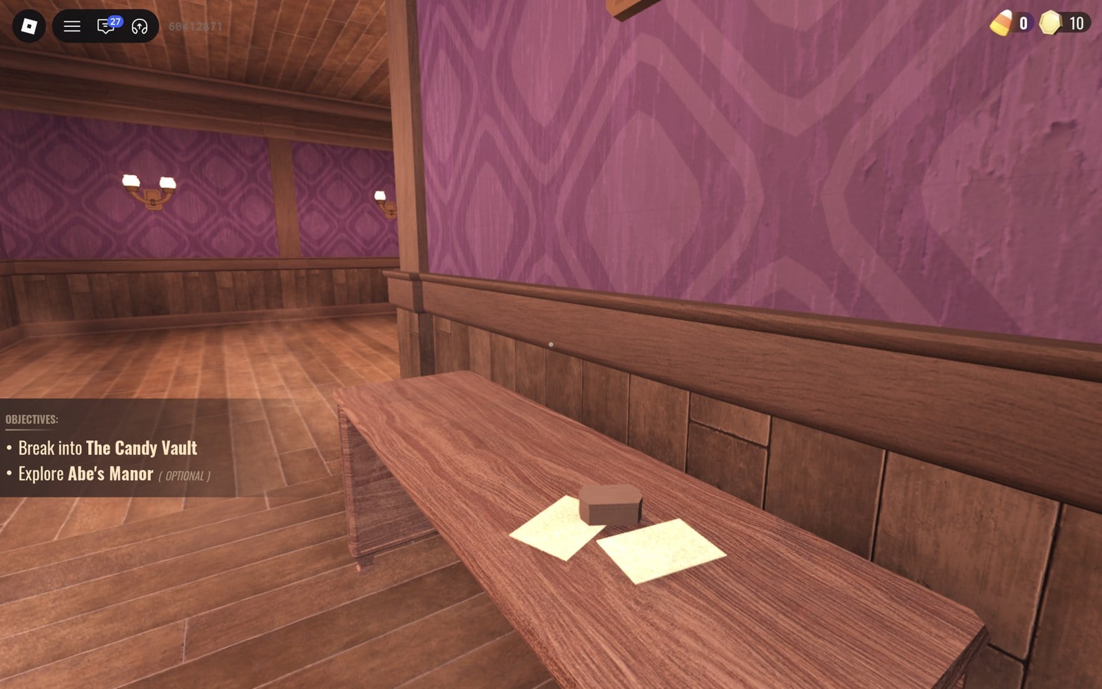 Upstairs corridor desk in DOORS The Candy Vault with the gold coin counter showing 10 at the top right