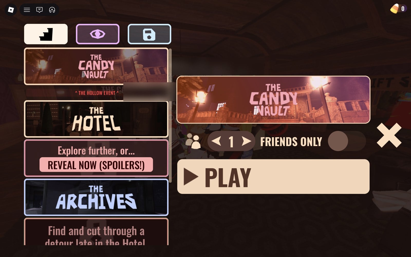 DOORS HOST GAME menu with THE CANDY VAULT selected, marked THE HOLLOW EVENT, player count 1 and the PLAY button