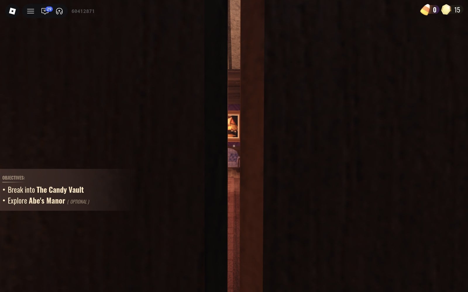 View from inside the bedroom wardrobe through the gap in its doors in DOORS The Candy Vault