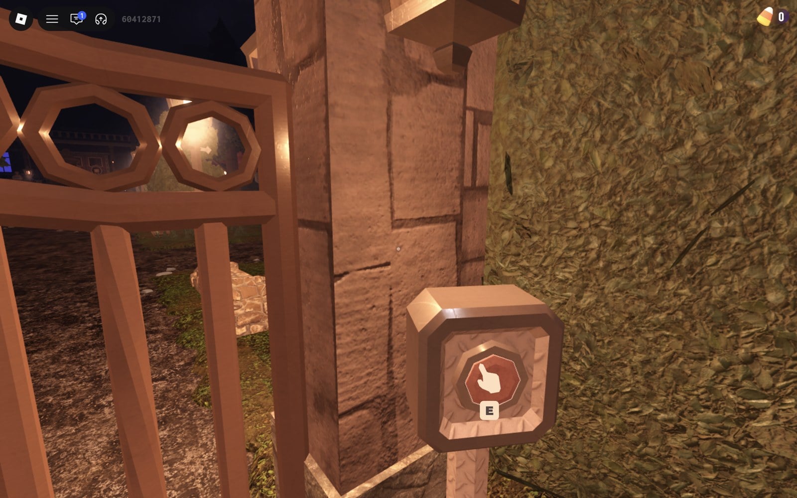 Button on the right pillar of the Estate gate showing a hand icon and the E prompt