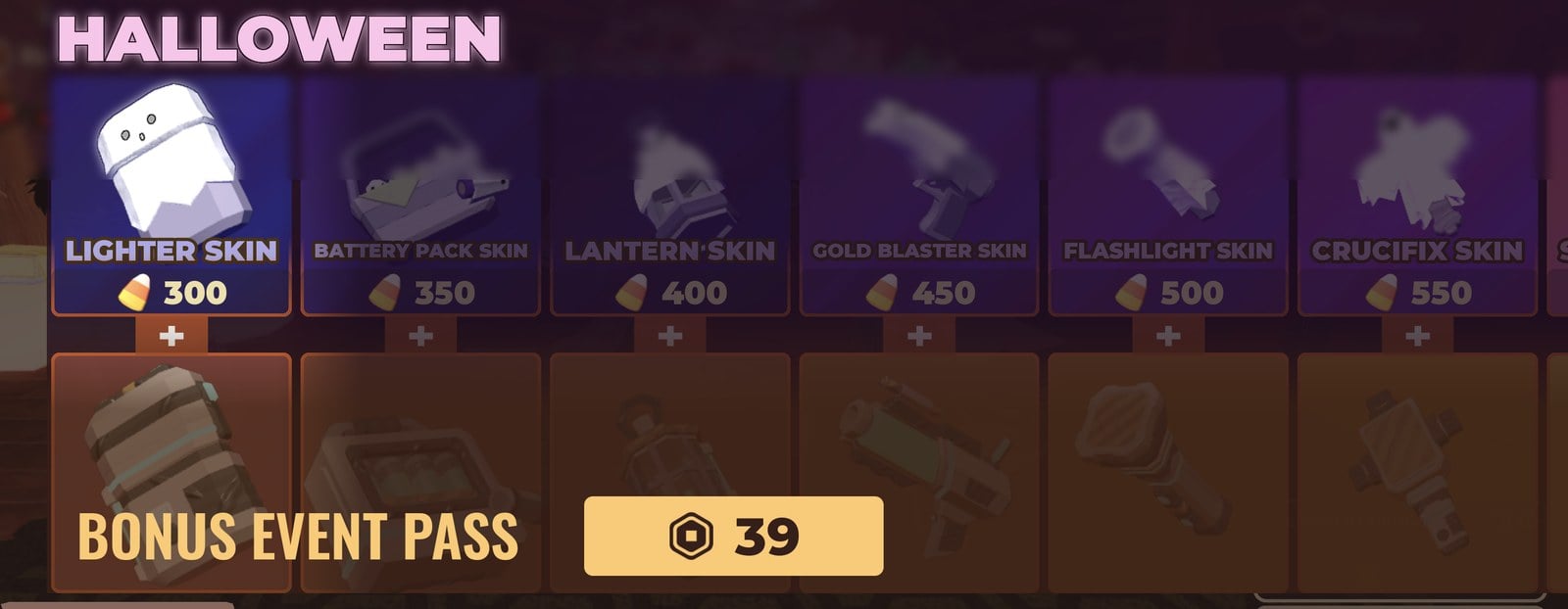 DOORS STORE HALLOWEEN row with skins priced 300 to 550 candy corn and the BONUS EVENT PASS for 39 Robux