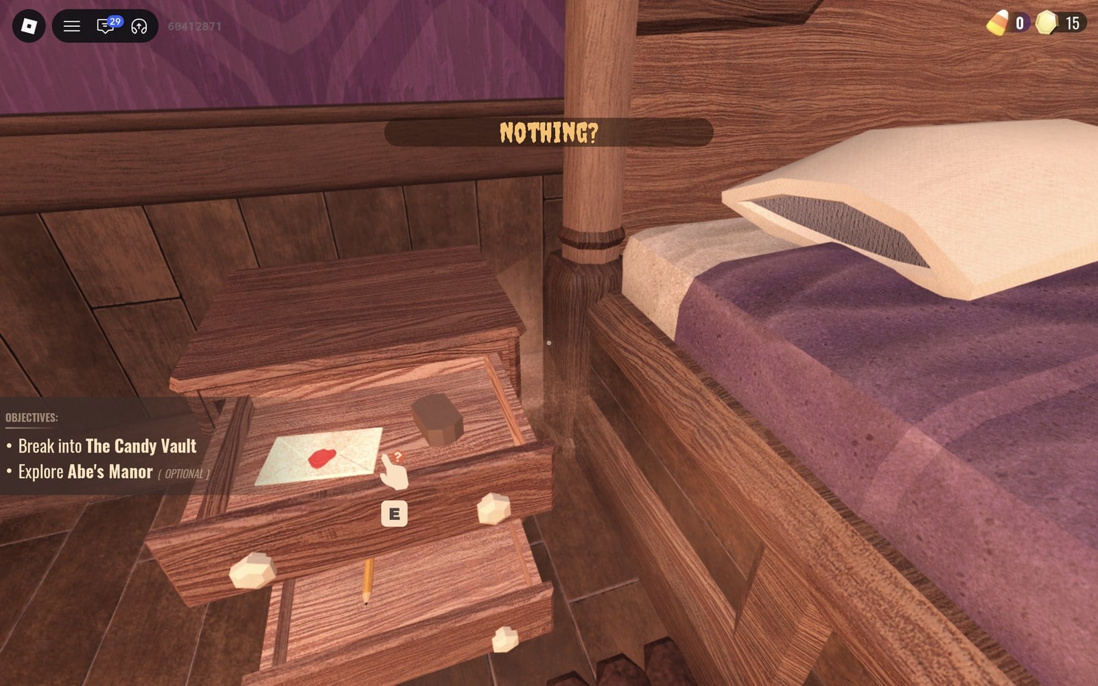 NOTHING? banner above the open bedroom nightstand drawer in DOORS The Candy Vault
