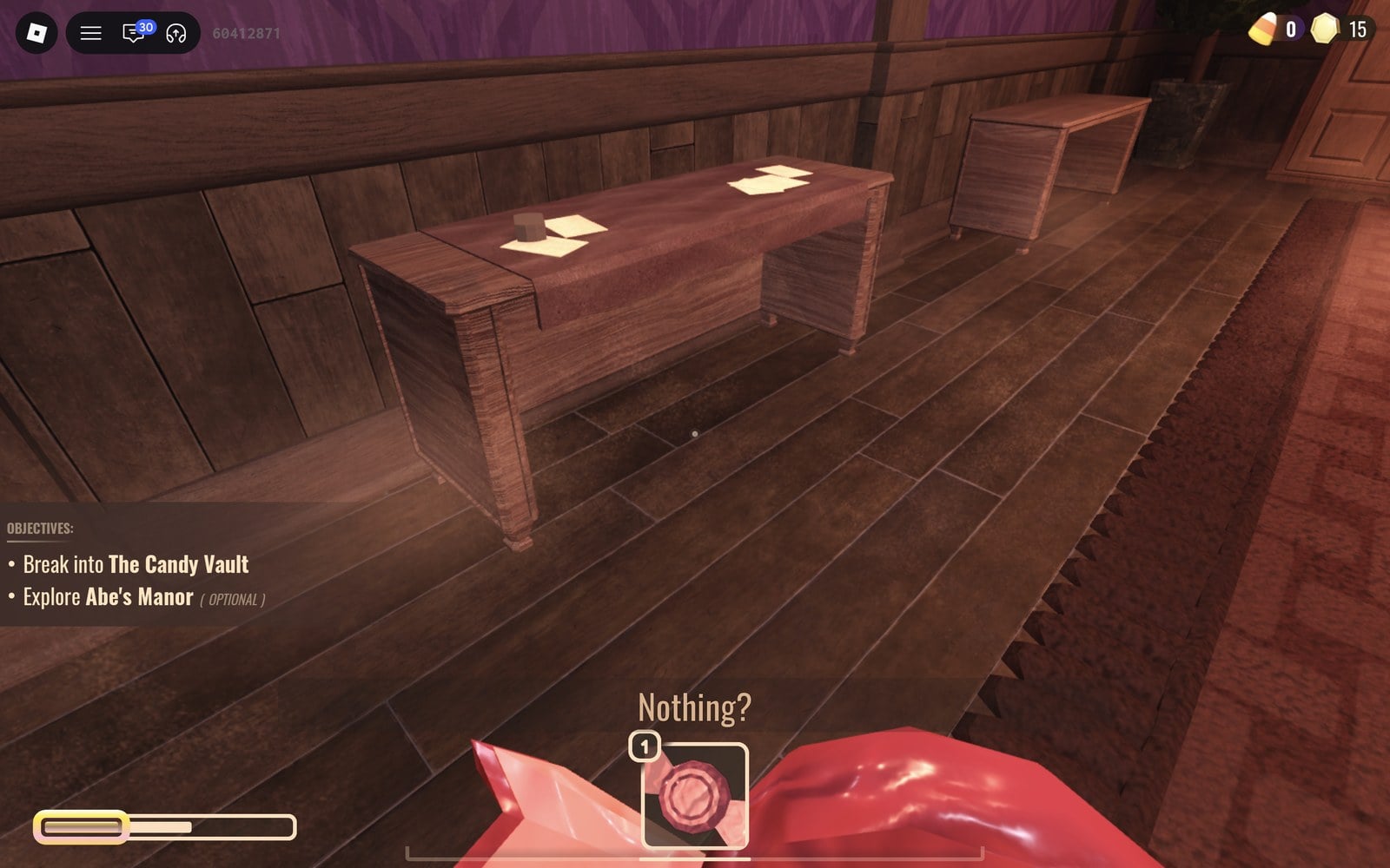 Red wrapped candy held in hotbar slot 1 with the name Nothing? shown above it in DOORS