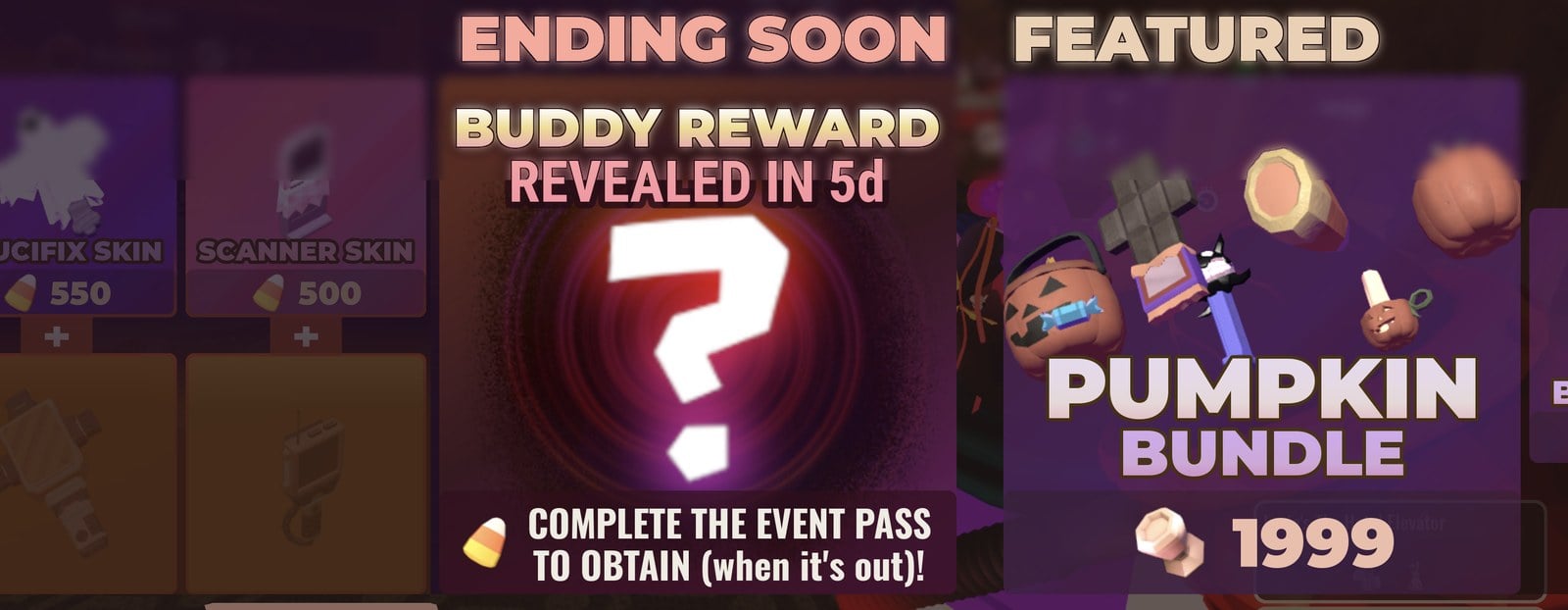 DOORS STORE ENDING SOON card reading BUDDY REWARD REVEALED IN 5d next to SCANNER SKIN 500 and the PUMPKIN BUNDLE