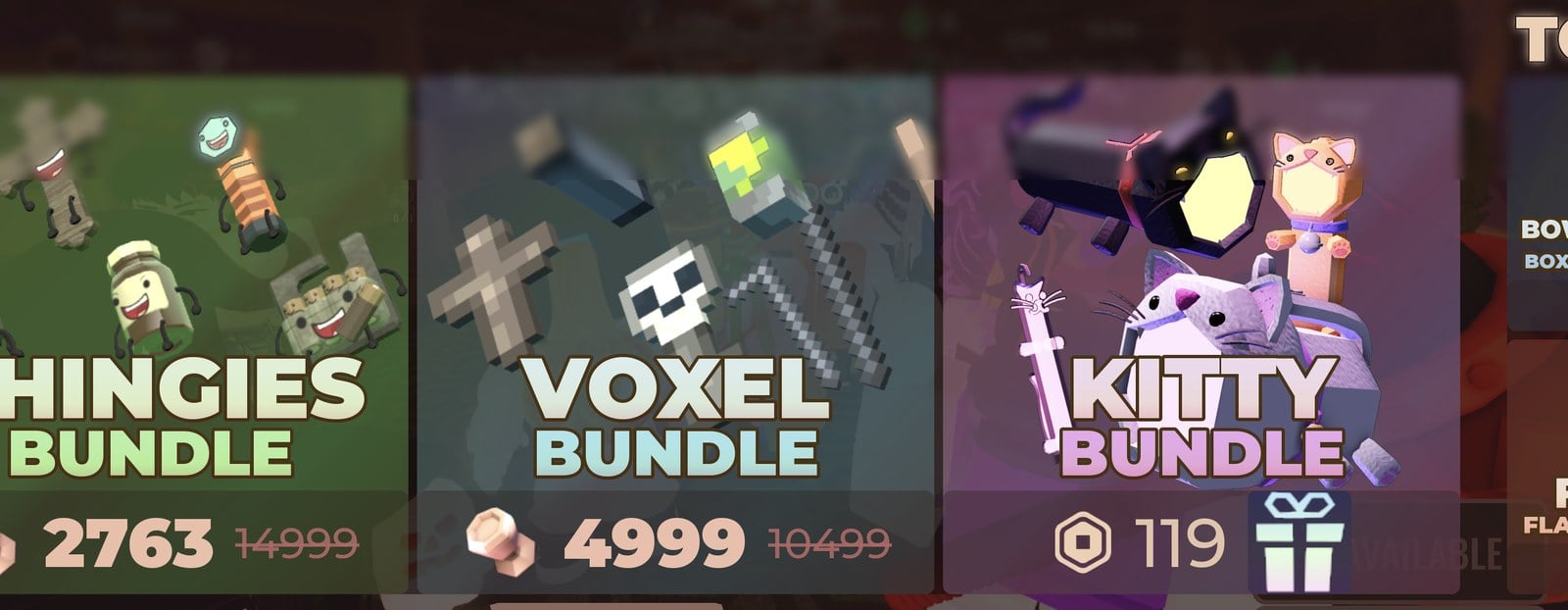 DOORS STORE FEATURED cards THINGIES BUNDLE 2763 knobs, VOXEL BUNDLE 4999 knobs and KITTY BUNDLE 119 Robux