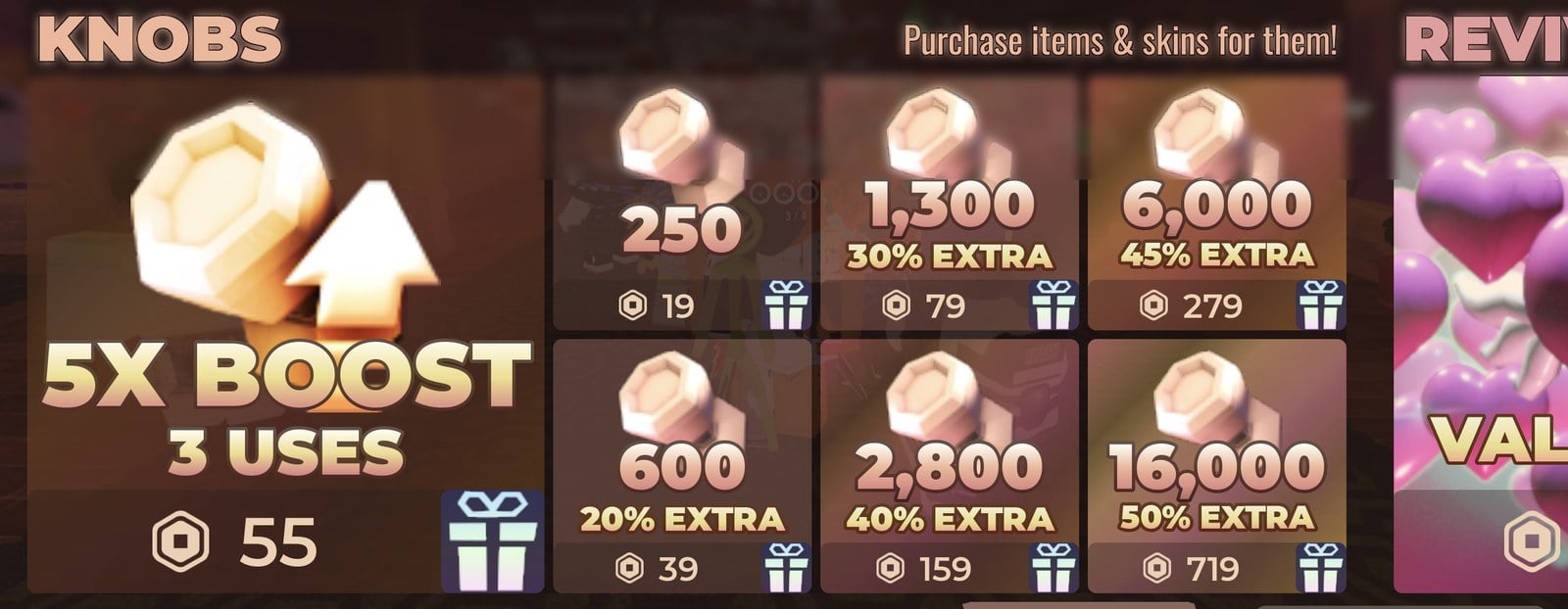 DOORS STORE KNOBS section with the 5X BOOST 3 USES for 55 Robux and knob packs from 19 to 719 Robux