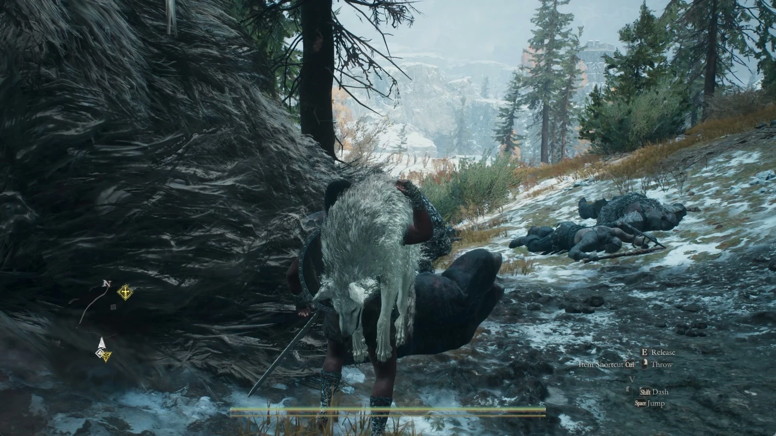 Player carrying a white wolf on a snowy hillside beside shaggy fur, with two defeated figures lying on the ground behind.