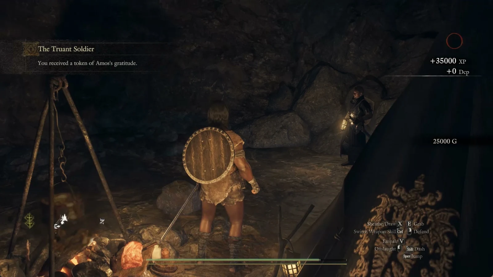 Reward lines +35000 XP and 25000 G with the banner You received a token of Amos's gratitude, in the Northwall Campground cave