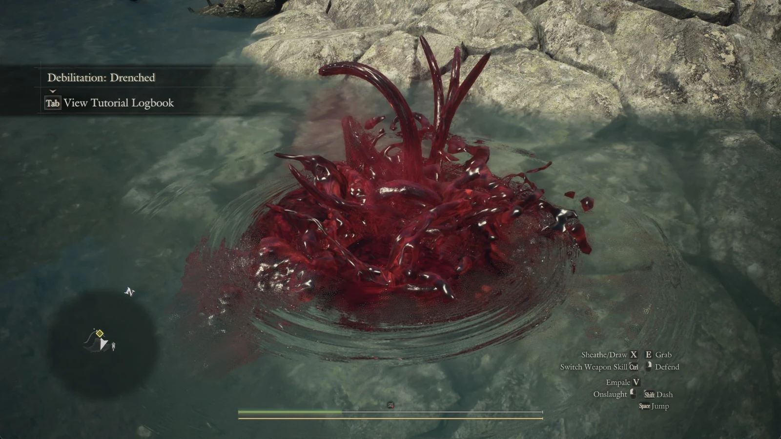 Red blood splashing in shallow water among rocks, with a Debilitation: Drenched notice at upper left and control prompts at lower right.