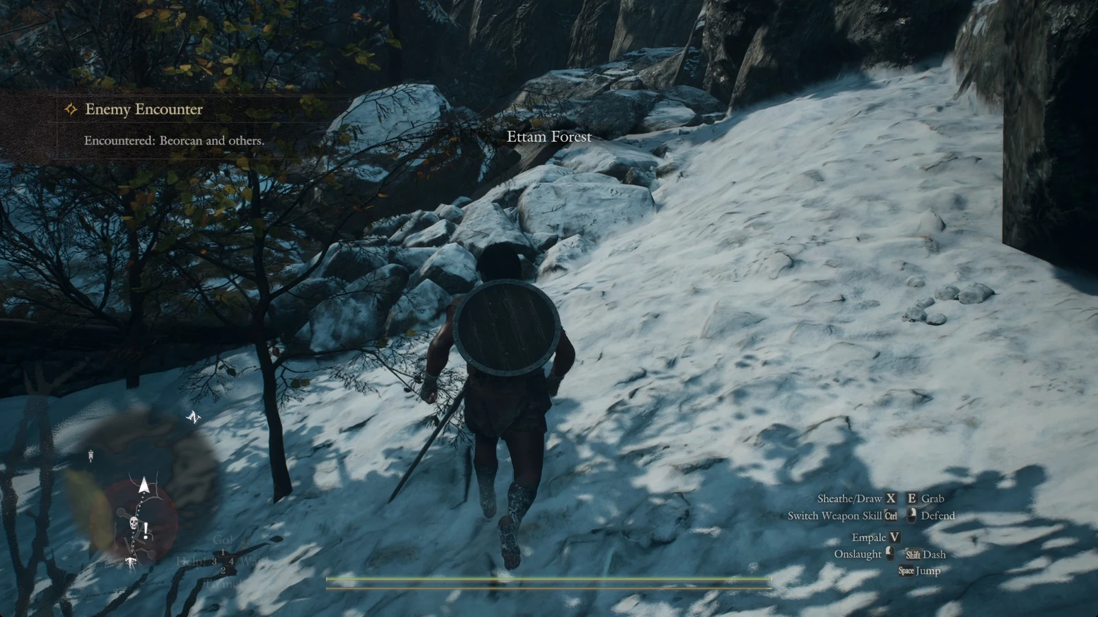 Character with round shield on back climbs a snowy rocky path, with an Enemy Encounter notice and control prompts on screen.