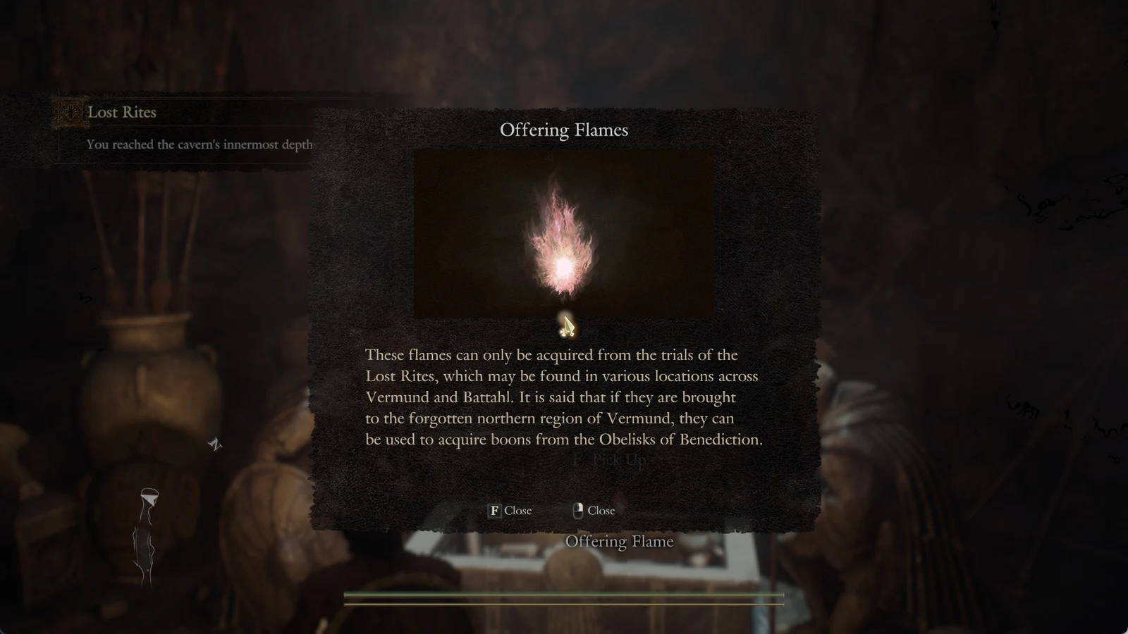 Parchment-style panel titled Offering Flames showing a pink flame and a lore description over a darkened cave.