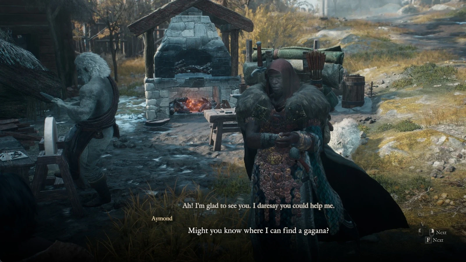 A hooded man in fur-collared armor stands near a stone forge in a village while subtitles show him asking about a gagana.