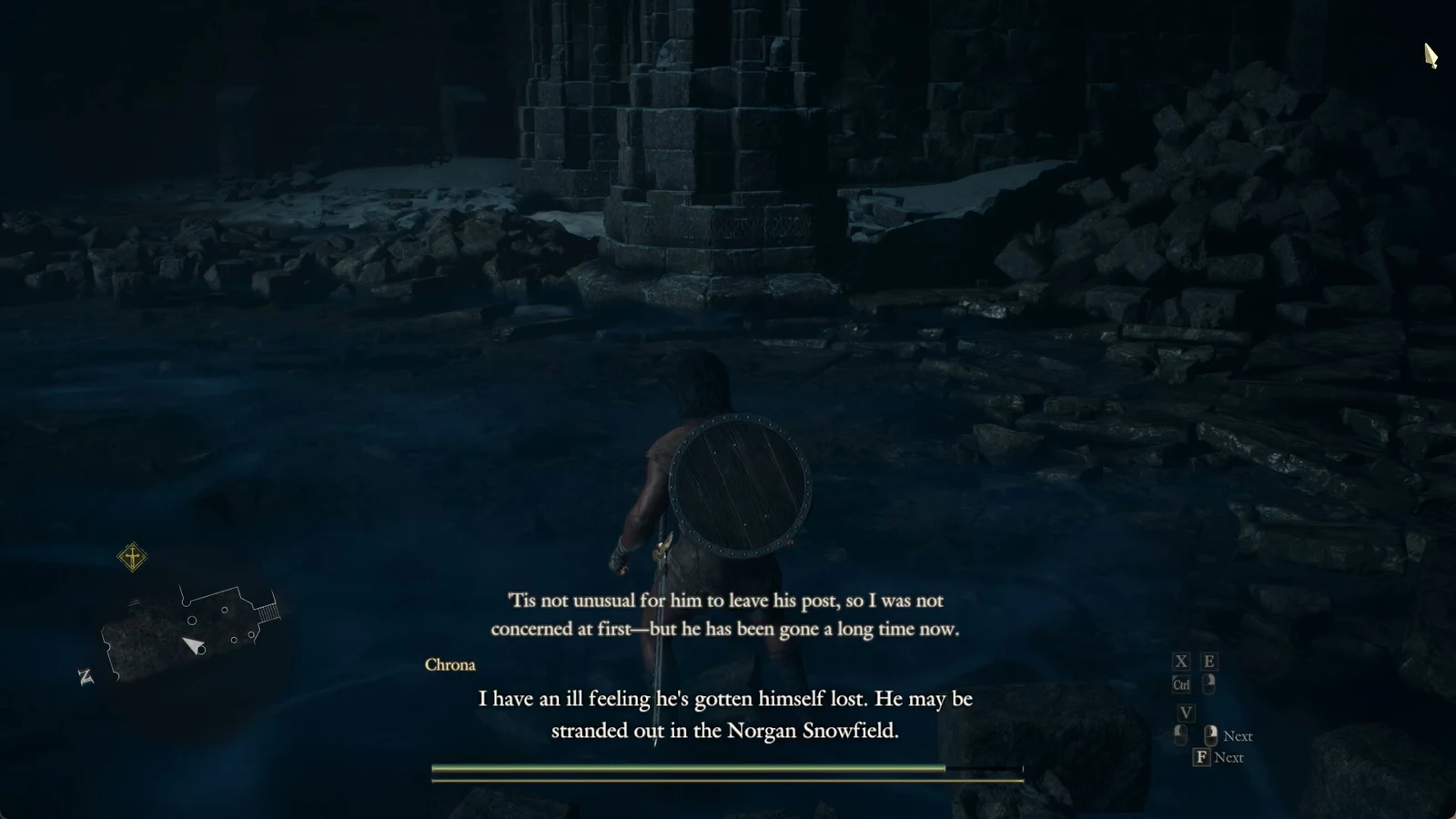 A shield-carrying character stands in a dark ruined stone hall while subtitles from Chrona discuss a missing man.
