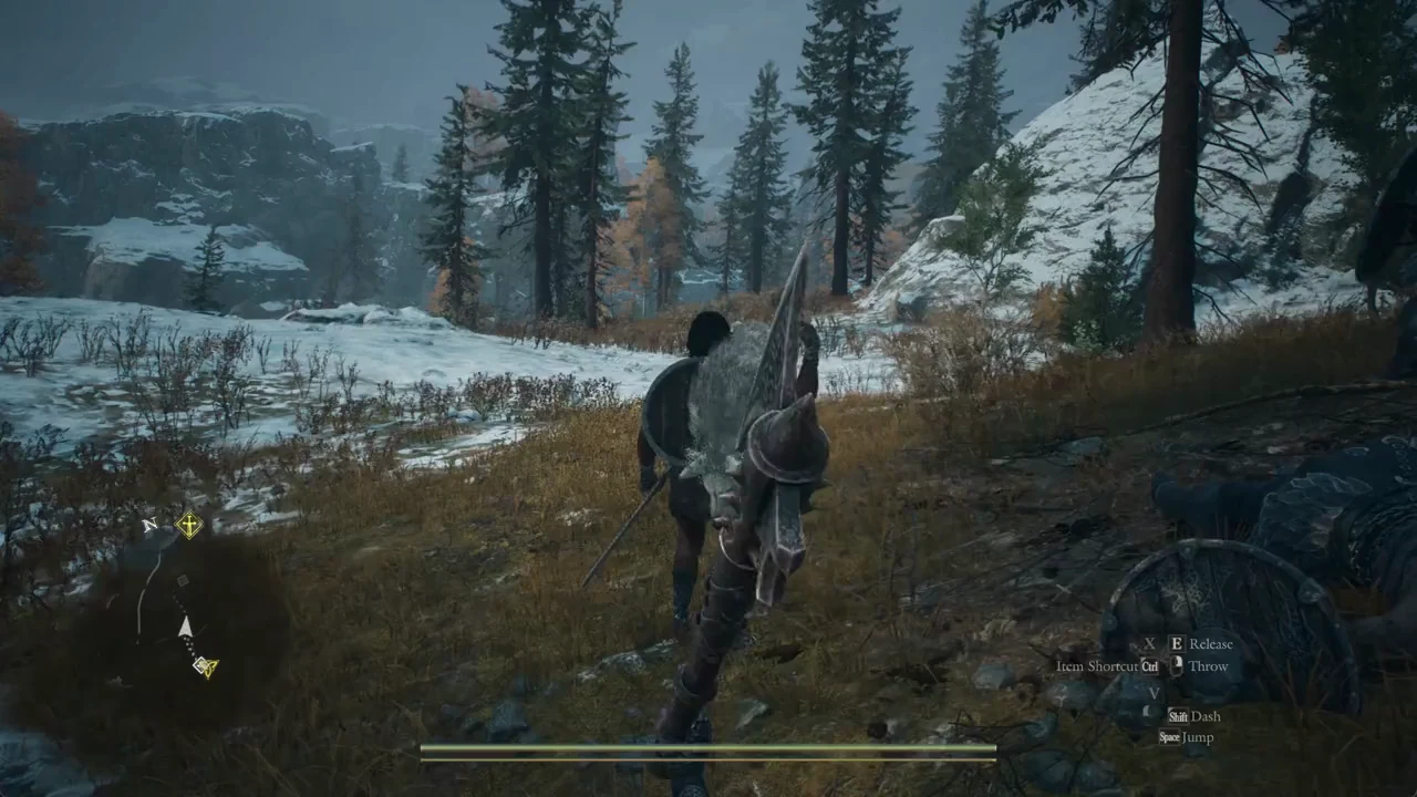 Carrying Skoll across the snow with Release and Throw controls on screen