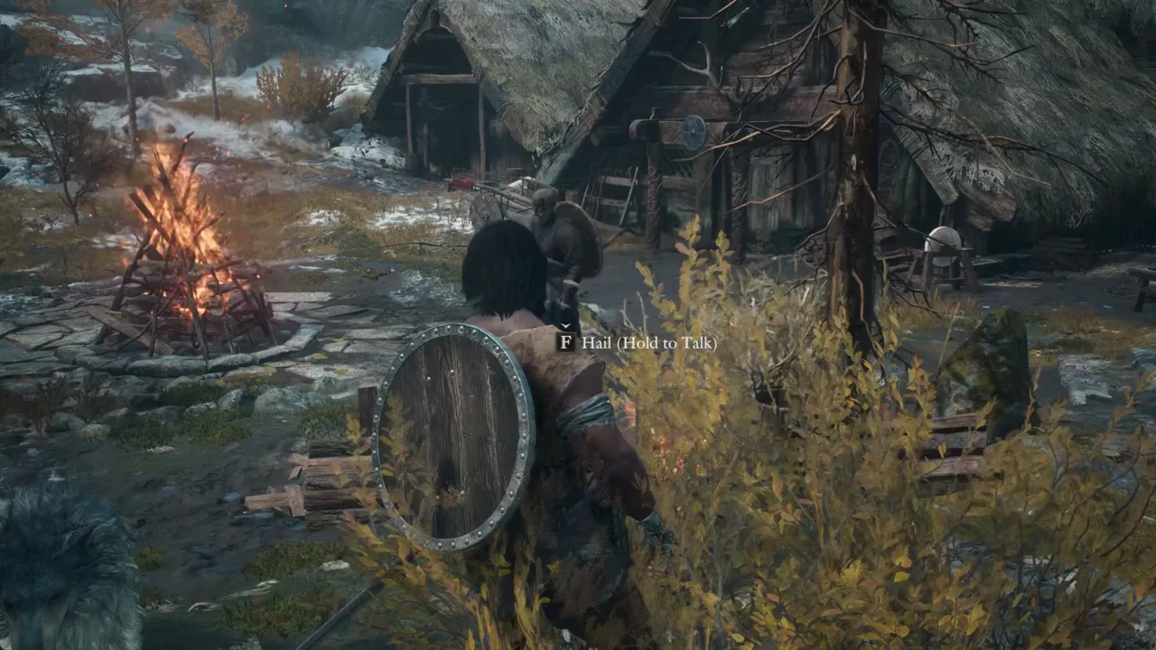 The Hail prompt glowing beside Ilsa at her fire basket in the Norgandian Settlement