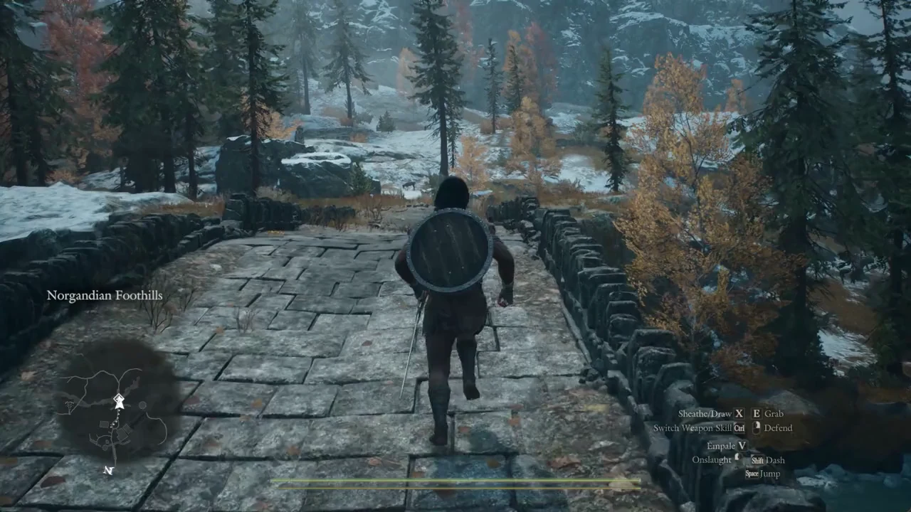 Running across the stone bridge in the Norgandian Foothills following Freki