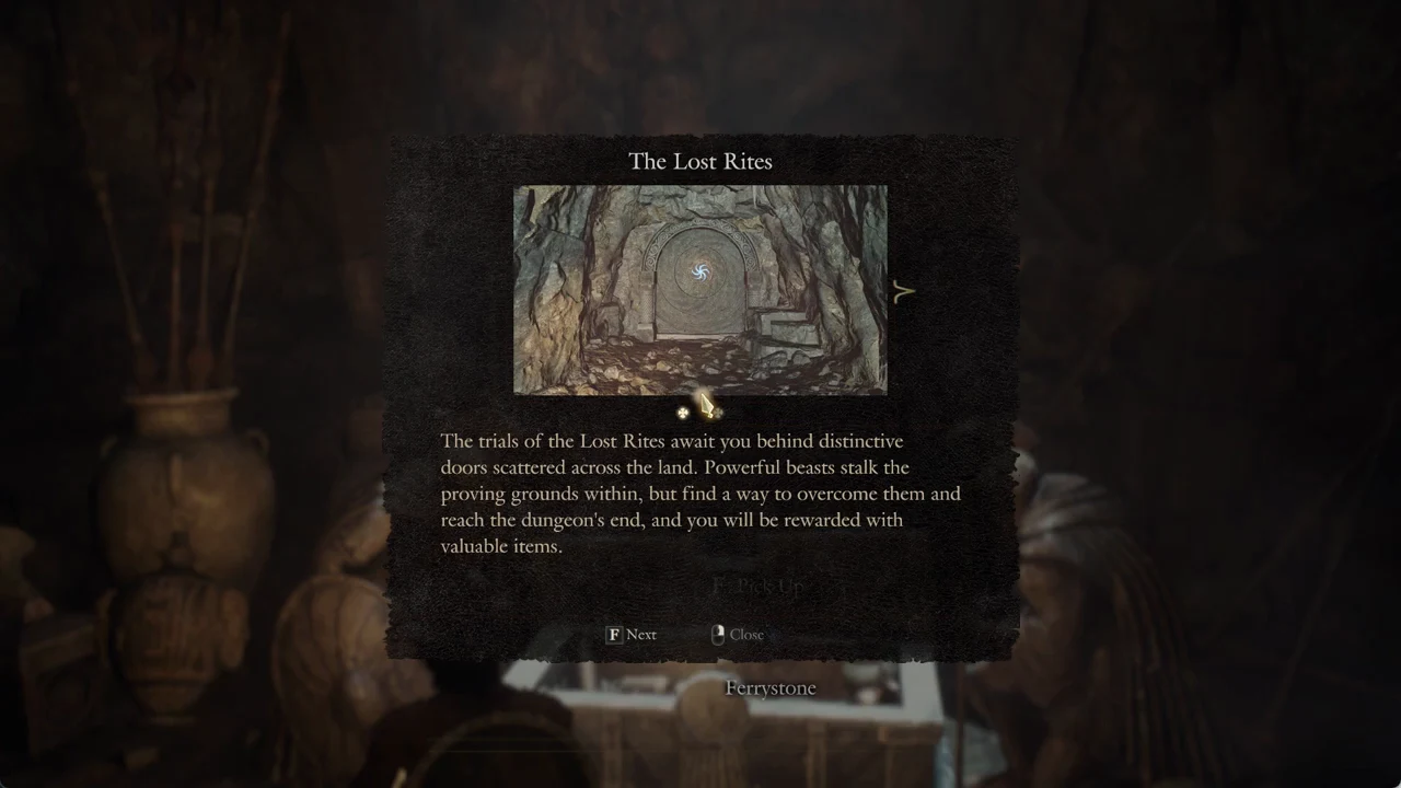 The Lost Rites tutorial window describing trials set behind distinctive doors