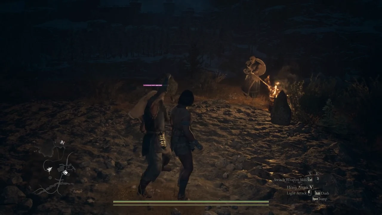 Bare-fisted fight with the opponent's health bar and the Heavy Attack and Light Attack prompts showing