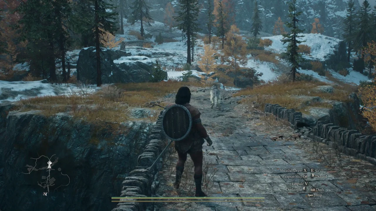 Character advancing toward an enemy on a snowy field with Empale and Onslaught listed at lower right