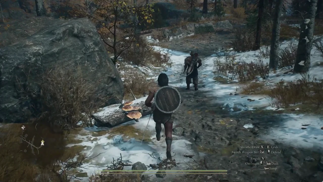 Character crossing a stone bridge over a chasm while trailing a walking wolf, with dash and jump prompts on screen